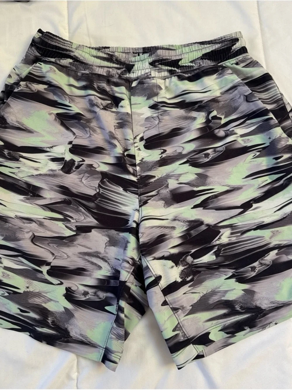 lululemon athletica Black with Light Green and Pale Gray Abstract Swim Trunks